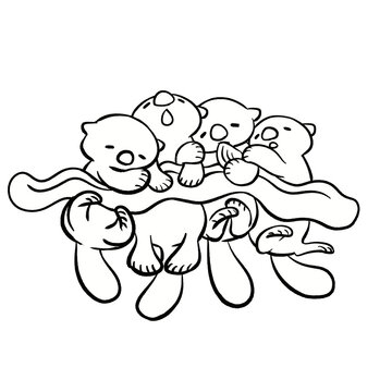 recommend clip art: ワカメのお布団で眠っている4匹のラッコ ぬりえ