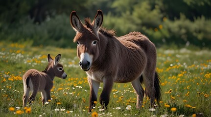 Cute baby donkey and mother on floral meadow. generative.ai