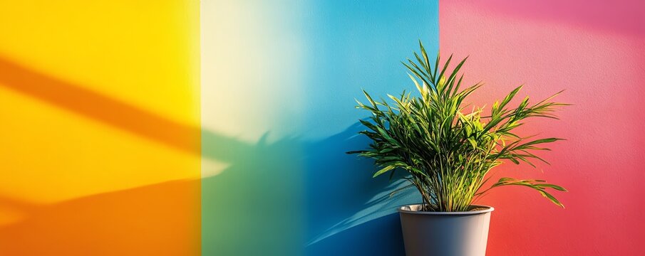 Vibrant colorful wall with green potted plant, creating a lively and fresh indoor space with bright rainbow hues and natural greenery.