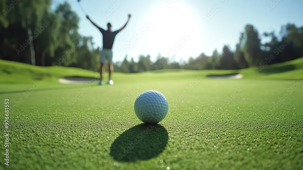 Sticker A golf ball sits on a green putting green with a golfer in the background.