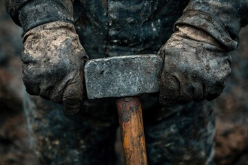 Fototapeta premium Close-up of a worker's gloved hands holding a heavy hammer.