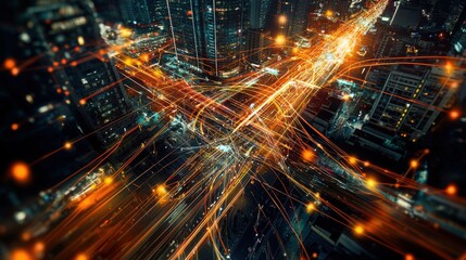 Urban Connectivity: Aerial View of Metropolis with Digital Network Overlay