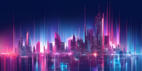 A futuristic cityscape at night, illuminated with vibrant pink and blue neon lights.