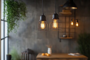 Obraz premium Cozy, dimly-lit rustic kitchen interior with hanging Edison bulb lights, exposed brick wall, and wooden accents creating a warm ambiance.