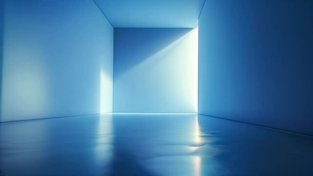 A blue room with a window that is letting in light. The room is empty and has a very clean and modern look