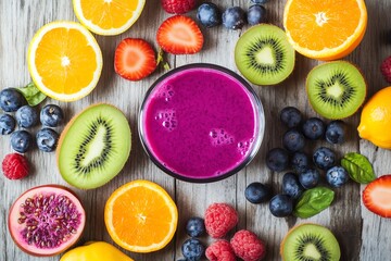 Colorful mix of fresh fruit including strawberries, oranges, kiwis, and blueberries with a vibrant smoothie on a rustic wooden table.