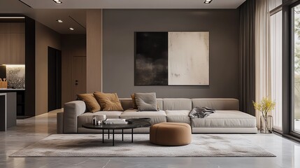 Modern apartment interior with a comfy beige sofa, stylish decor, large windows, and contemporary artwork on the wall.