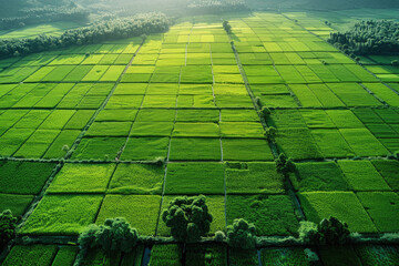 Bird's-eye view, vast plains, rice paddies