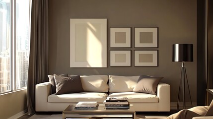 Modern living room with beige sofa, gray pillows, and stylish wall art. Sunlit space with large window and elegant floor lamp.