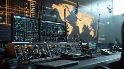 High-Tech Military Communication Unit in Tactical Operations Center with Antennas, Control Panels, and World Map
