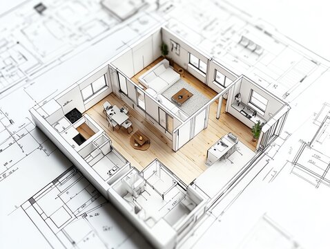 3D rendering of a modern apartment layout on architectural blueprints. Detailed design with open concept living space, bedroom, and kitchen.
