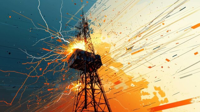 Electrifying Vector Art of Ham Radio Tower in Midwest Thunderstorm with Lightning Bolts