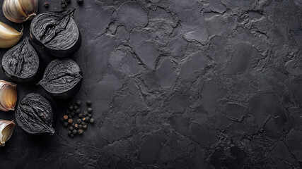 Halved black garlic cloves on black stone surface with copy space, Fermented flavors and gourmet clove ingredients on deep charcoal poster