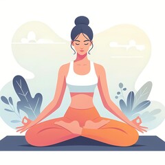 Woman Meditating in Lotus Pose with Peaceful Background Illustration
