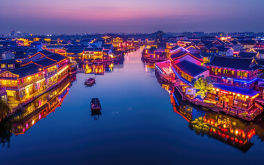 In the evening, the ancient town buildings by the lake