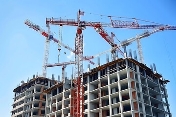 High-rise building construction with cranes, concrete framework, and steel beams under clear blue sky showcasing urban infrastructure development