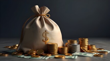 3D Money concept. money bag, coins stack and banknotes. 3d render illustration. generative.ai