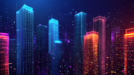 Vision of a smart digital city showcasing high-rise towers in a futuristic urban setting. Includes abstract digital buildings and virtual reality elements, depicted in a modern technology.