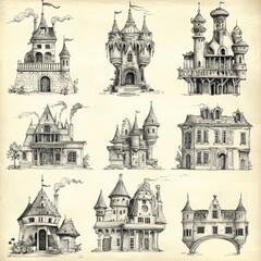 Naklejka premium Hand Drawn Sketch of Fantasy Castles and Towers
