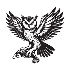 Obraz premium Owl Outline Clipart - An Owl Perched on Prey vector illustration in black and white 