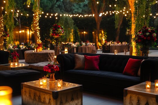 Elegant outdoor evening event with string lights, cozy seating, and candlelit tables in a beautifully decorated garden setting.