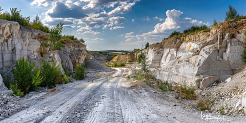 Lively wide-angle depiction of a mining site revitalizing a natural white clay environment amidst the open air, featuring human impact.