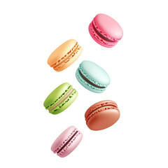 Colorful macarons floating in the air, sweet dessert concept