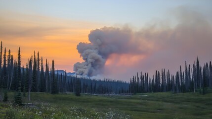 Nature's Fury Unleashed: Wildfire's Ominous Plume Rises Above Pristine Forest, A Stark Reminder of Environmental Fragility