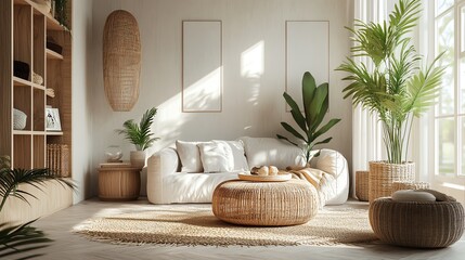 Bright and cozy living room interior with natural decor, a comfortable sofa, wicker furniture, and large green plants, basking in sunlight.