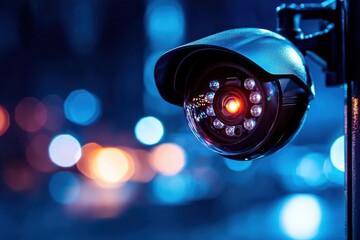 A close-up of a security camera capturing the essence of modern surveillance technology in a vibrant nightlife setting.