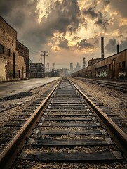 Fototapeta premium Endless tracks weave through a landscape of factories, embodying the spirit of industry and advancement.