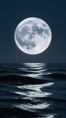 A monumental, gleaming full moon, with every crater and texture meticulously rendered, hangs low in a serene night sky, its silvery light dancing across undulating waves that stretch towards the horiz