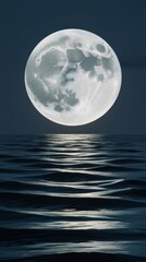 A monumental, gleaming full moon, with every crater and texture meticulously rendered, hangs low in a serene night sky, its silvery light dancing across undulating waves that stretch towards the horiz