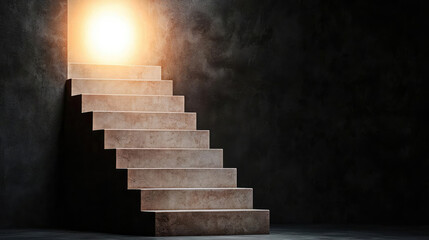 A staircase leading up to a bright light with motivational words like Success and Achievement on each step, illustrating the journey to success