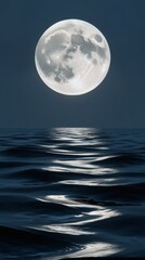 A monumental, gleaming full moon, with every crater and texture meticulously rendered, hangs low in a serene night sky, its silvery light dancing across undulating waves that stretch towards the horiz