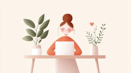 Serene Workspace Woman Stretching at Her Desk with Plants and Laptop