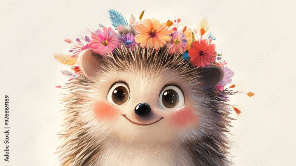 Wall mural cute hedgehog flower crown.