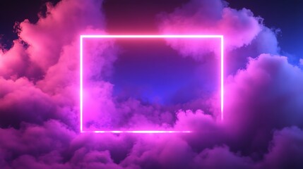 A pink neon square frame in a hazy, futuristic setting.