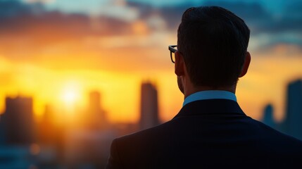 Fototapeta premium A professional man gazing at a stunning sunset over a city skyline, reflecting on opportunities and ambitions.