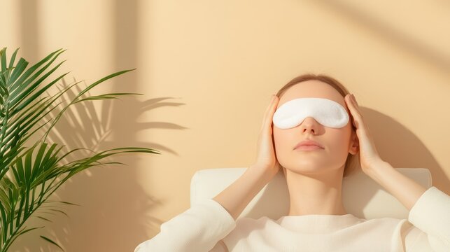 Woman Applying Cold Compress on Eyes for Self Care and Relaxation in Peaceful Indoor Environment