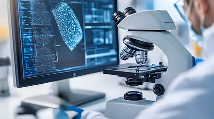 A scientist is using microscope to analyze samples, with digital display showing detailed images of specimens. environment is modern and high tech, emphasizing research and discovery