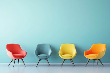 Four colorful modern chairs against a teal wall on a wooden floor. Vibrant decor for rooms. Perfect for interior design or furniture concepts.