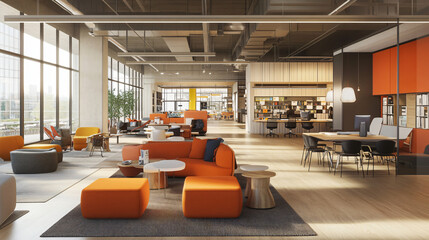 An open office layout with comfortable seating areas and collaborative zones.