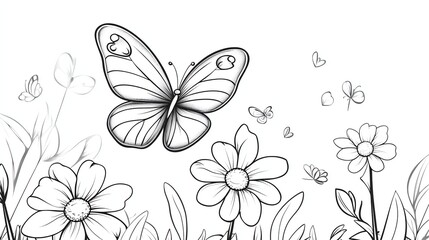Fototapeta premium A line drawing of a butterfly flying over a field of flowers.