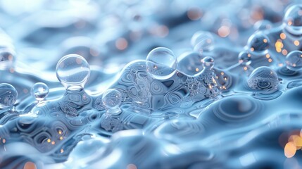 Abstract blue liquid with bubbles and light reflections.