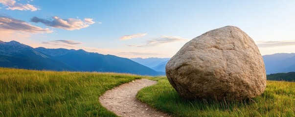 A winding path blocked by a large boulder, symbolizing the challenges and obstacles faced on the journey to success