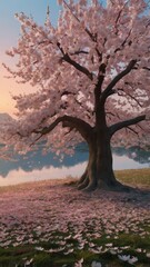 Obraz premium A realistic landscape featuring an enormous cherry blossom tree in full bloom, its branches stretching high and wide, covered in countless delicate pink petals. The tree stands majestically in the cen