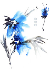 Watercolour background design with blue flowers