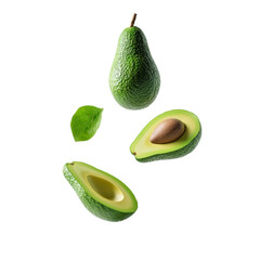 Sliced and whole avocados floating on a black background