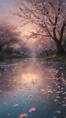 A realistic landscape featuring an enormous cherry blossom tree in full bloom, its branches stretching high and wide, covered in countless delicate pink petals. The tree stands majestically in the cen